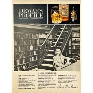 Dewars White Label Scotch Whiskey "Raisa Scriabine  Recommends"Vtg Print Ad 1979